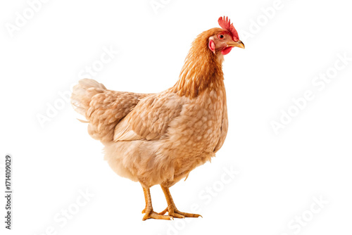 Light brown hen standing in side view with red comb and wattles clearly visible, isolated on a transparent background