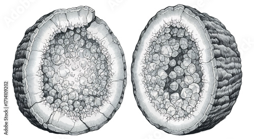 Scientific Pencil Drawing of a Split Geode with Internal Crystals