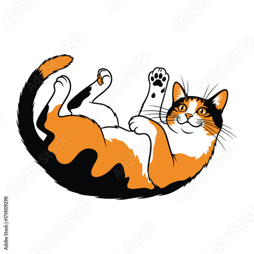 Playful Calico: A whimsical illustration of a contented calico cat lying playfully on its back, its eyes twinkling with mischief and its paw extended in a friendly gesture.