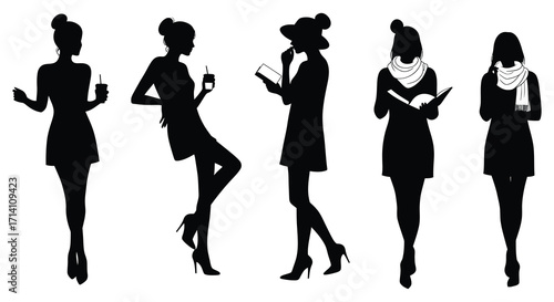 Silhouettes of stylish women in various poses and fashionable outfits