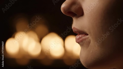 Woman Speaks Quietly Near Fireplace at Night, Conversation in Dimly Lit Room, Profile View