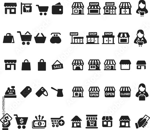 A collection of retail icons including storefronts, shopping carts wallets bags sale signs cash registers price tags, and payment methods