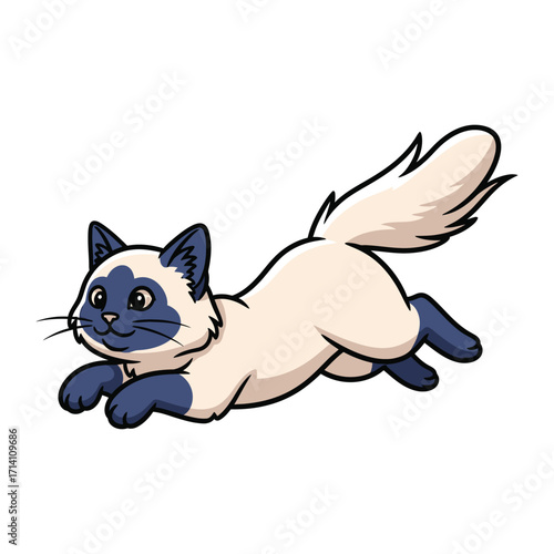 Siamese cat leaping joyfully: A cartoon of a siamese cat with a striking color, captured mid-leap.