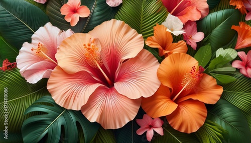 Wallpaper Mural Bright Hibiscus Flowers In Shades Of Peach And Coral Are Surrounded By Large Green Leaves Creating A Stunning Tropical Arrangement Suitable For Festive Decor Or Enhancing Natural Ambiance Torontodigital.ca
