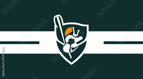 Dark green and white flag with a stylized emblem of a leaping animal or figure, possibly a skier or similar, within a shield, and sporting equipment.