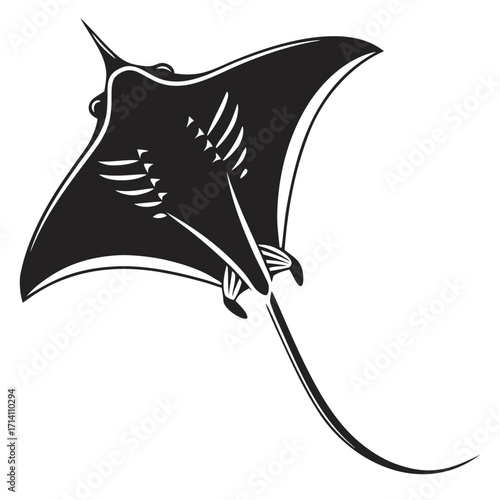 Black graphic illustration of a manta ray with stylized wing patterns and a slender tail on a white background