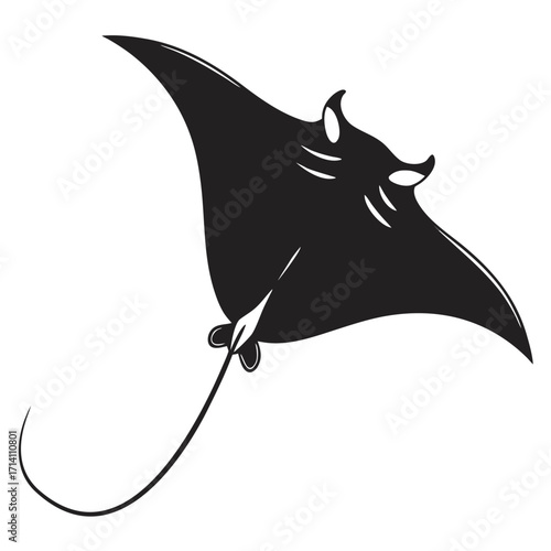 Black silhouette of a manta ray swimming with its tail extended on a white background stingray