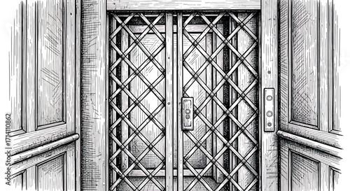 Vintage Elevator Door Sketch Drawing. Retro Black and White Illustration of an Antique Lift Gate.