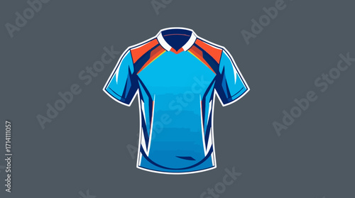 A stylized vector illustration of a short-sleeved polo shirt with a blue gradient body and orange and white accents.