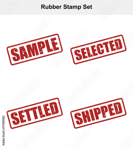 Rubber Stamps with Sample, Selected, Settled, and Shipped Text on White Background