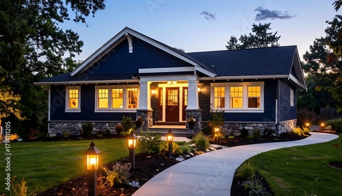 An illuminated home at dusk, with a path leading to the front door. The house has dark blue siding, lit windows, and warm pathway lights