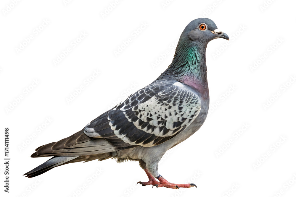 Fototapeta premium Beautiful rock pigeon with iridescent neck feathers and patterned wing markings standing upright, isolated on a transparent background