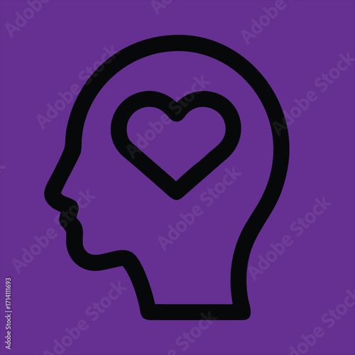 Flat Black Head Icon with Heart Inside on Purple Background