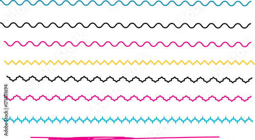Colorful set of wavy line patterns in pink, green, and blue over white background, minimal modern abstract design suitable for wallpapers, templates, and digital graphics.
