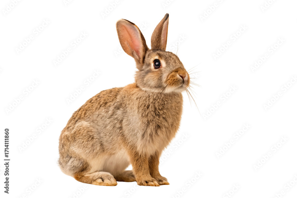 Obraz premium Brown cottontail rabbit sitting upright with alert ears and natural wild fur coloring and markings, isolated on a transparent background