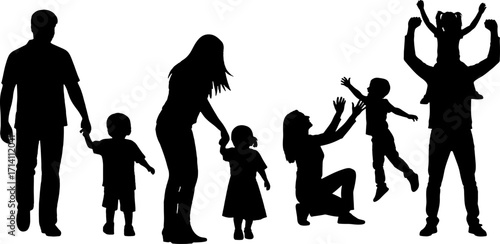 silhouette family dad mom son daughter postures family in black shapes graphic element monochrome color on white background