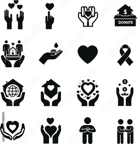 Charity and donation vector icons set for fundraising and volunteer work in black and white design