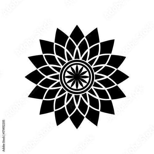 Black and white flower with geometric petals and a circular center design on a white background image view