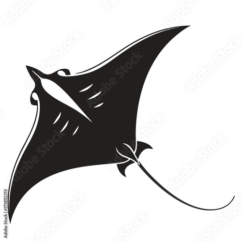 Black silhouette of a manta ray with internal lines indicating body structure on a white background