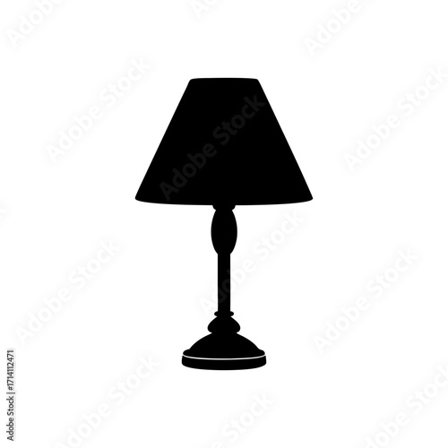 A silhouette of a table lamp with a conical shade resting on a decorative base and slender stand