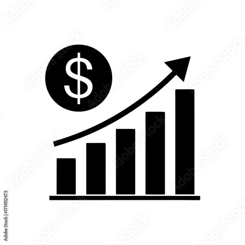 A black and white illustration showing a financial chart with an upward trending arrow and dollar sign