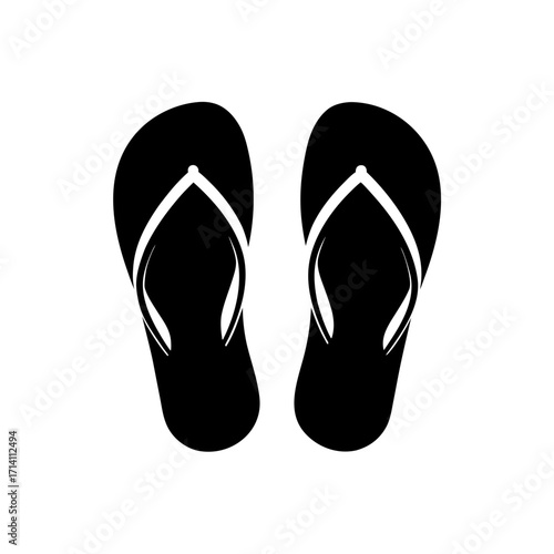 A pair of black flip flops with white straps are displayed on a white background in a simple design