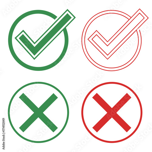 Green check mark and red cross symbols in circles on white background vector 1