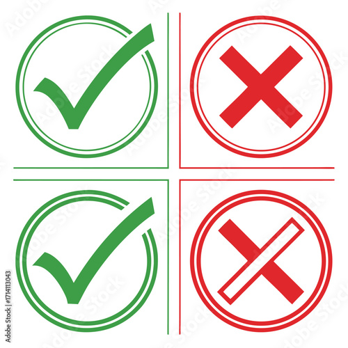 Two green checkmarks and two red crosses in circles on white background correct