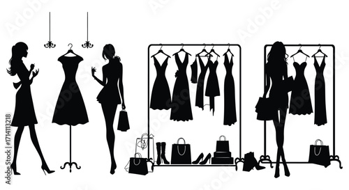 Elegant silhouettes of women shopping and clothes displayed on racks