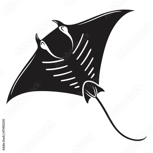 Black silhouette of a manta ray with white internal lines on a white background stingray black and white