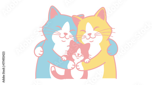 Whimsical Cat Family: A heartwarming illustration depicting a family of stylized cats embracing in a tight hug, embodying warmth and affection.