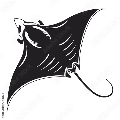 Dark graphic illustration of a manta ray with white accents on a white background stingray silhouette