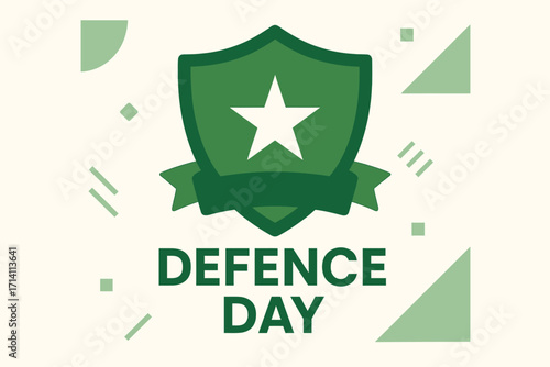 Flat solid color vector illustration for Defence Day featuring a shield with star and ribbon, abstract geometric background