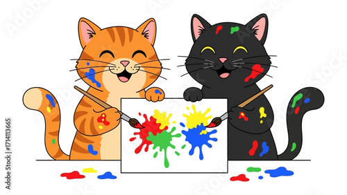 Artistic Paws: Two cheerful cats, one orange and one black, collaborate on a colorful painting, showcasing the bond of creativity and friendship.