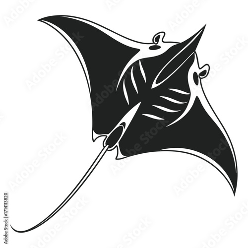 Dynamic black silhouette of a manta ray in motion with detailed fins and tail on a white background