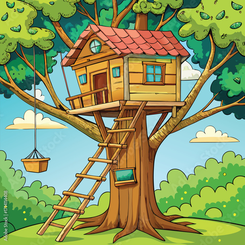 Whimsical cartoon treehouse adventure with wooden planks and ladder in a lush forest setting