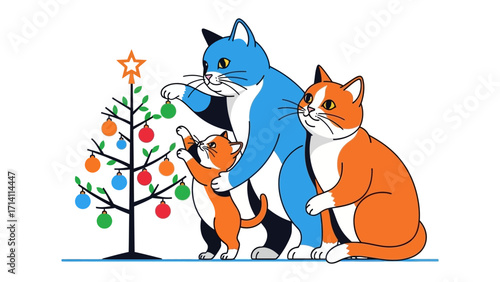 Festive Feline Family: A heart warming illustration of a family of cats gathers around a Christmas tree, decorating it with colorful ornaments and embracing the festive spirit with joy.