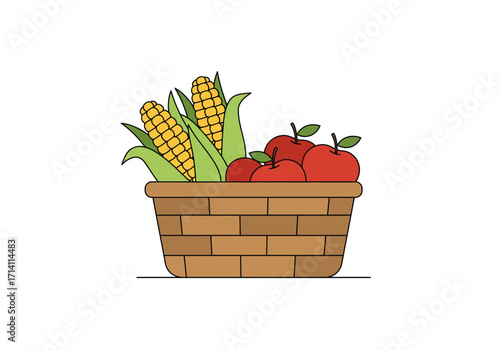 A basket overflowing with corn and apples on a white background