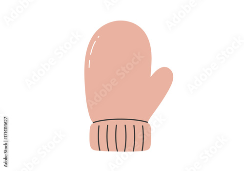 A pink mitten with a ribbed cuff on a white background