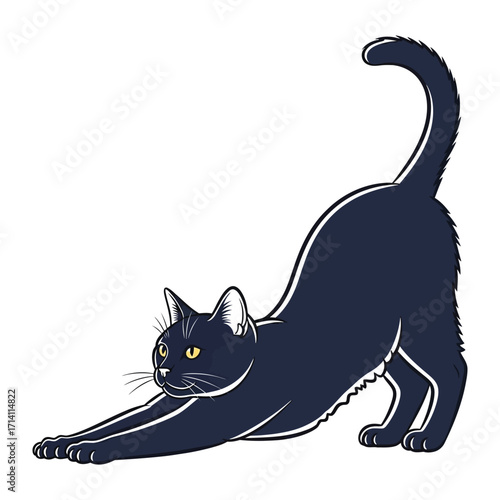 Elegant Black Cat: A graceful black cat stretches, showcasing its sleek form and poised elegance. Its focused gaze and raised tail suggest a curious, alert demeanor.