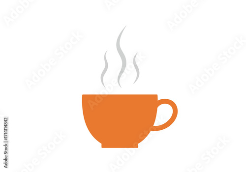 Orange teacup with steam rising from it on a white background