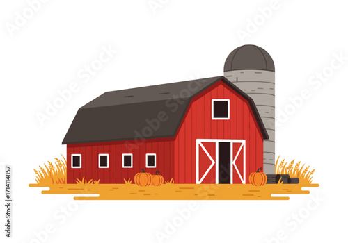 Red barn with silo pumpkins and wheat stalks
