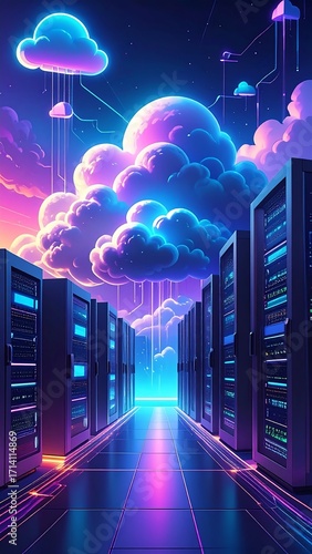 Futuristic server room with vibrant clouds