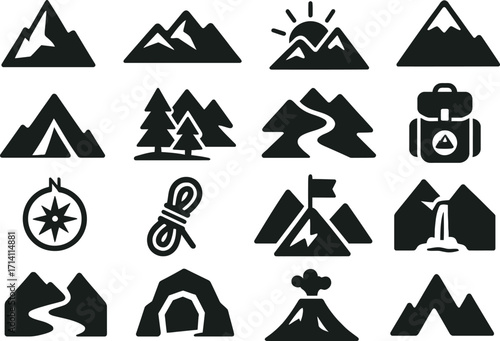 Mountain Nature Solid Black Vector Icon Set Collection on White Background