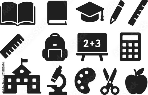 School Education Solid Black Vector Icon Set Collection on White Background