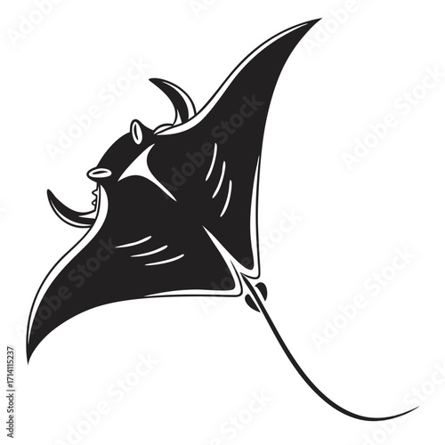 Stylized black silhouette of a manta ray with white accents on a white background stingray black and white