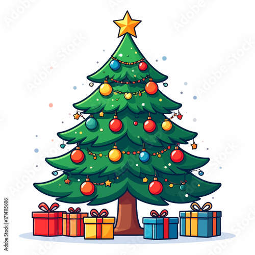 Festive Green Christmas Tree Decorated With Ornaments and Gifts Below