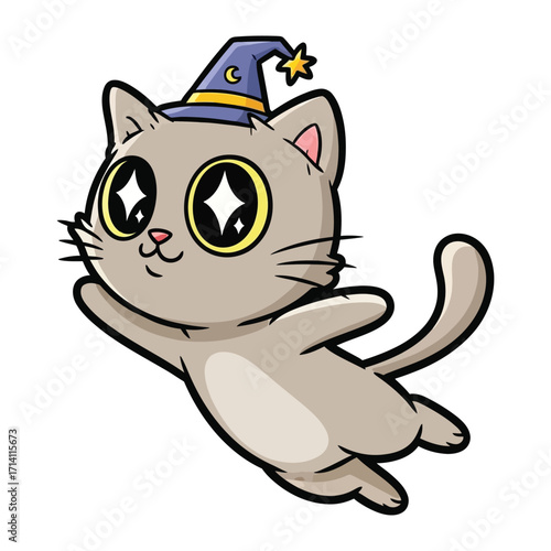 Whimsical Wizard Cat: A charming cartoon cat, donning a wizard's hat and a look of wonder, levitates playfully, as if casting a spell. A delightful digital artwork that radiates fantasy and fun.