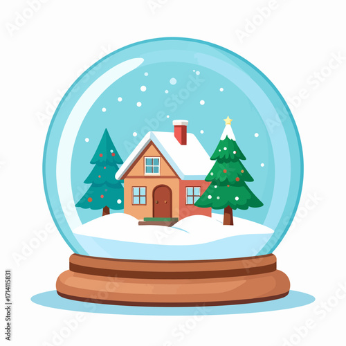 Cozy winter scene inside a snow globe with a house and trees