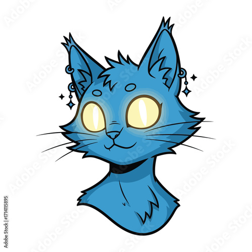 Mystical Blue Cat Illustration: An illustrated blue cat portrait, with glowing yellow eyes, exuding an aura of calm wonder and artistic imagination.